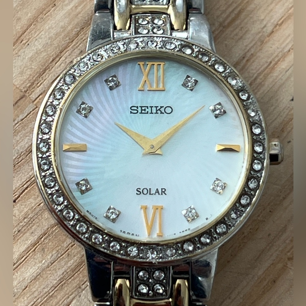 Seiko Solar Ladies Watch Crystal Embellishments Pearl Dial Two-Tone Bracelet